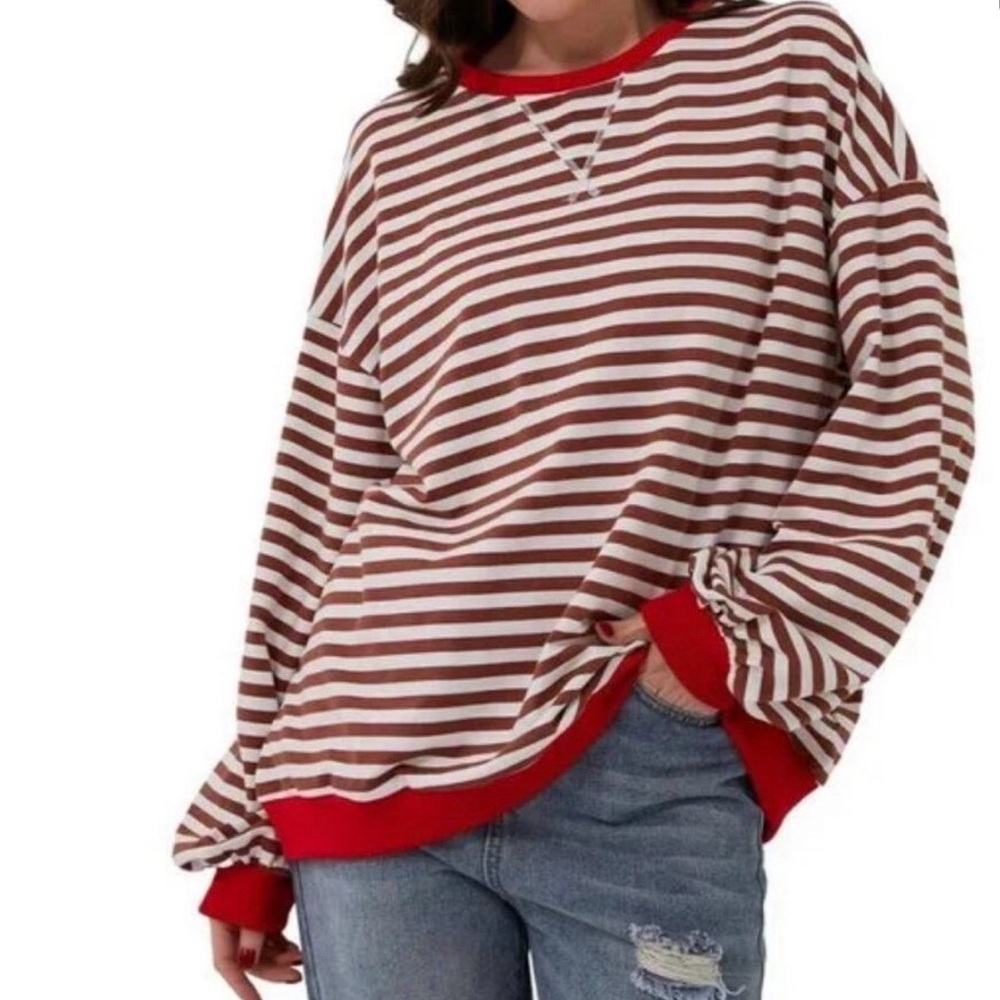 Brand New Red and White Striped Puffed Sleeve Top